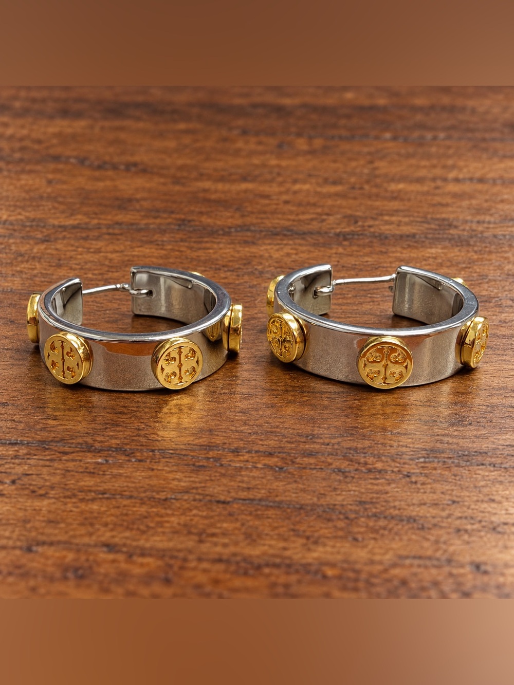 Tory Burch Two-Tone Silver & Gold Double T Logo Hoop Earrings with Pouch